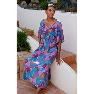 Farm‎ Rio Seashell Cover-Up Maxi Dress Medium Boho Anthropologie Blue Pink EUC